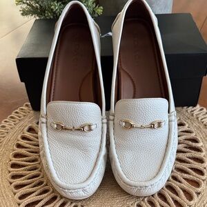 COACH Mavis Soft White Pebbled Leather Bit Loafers with Gold Hardware